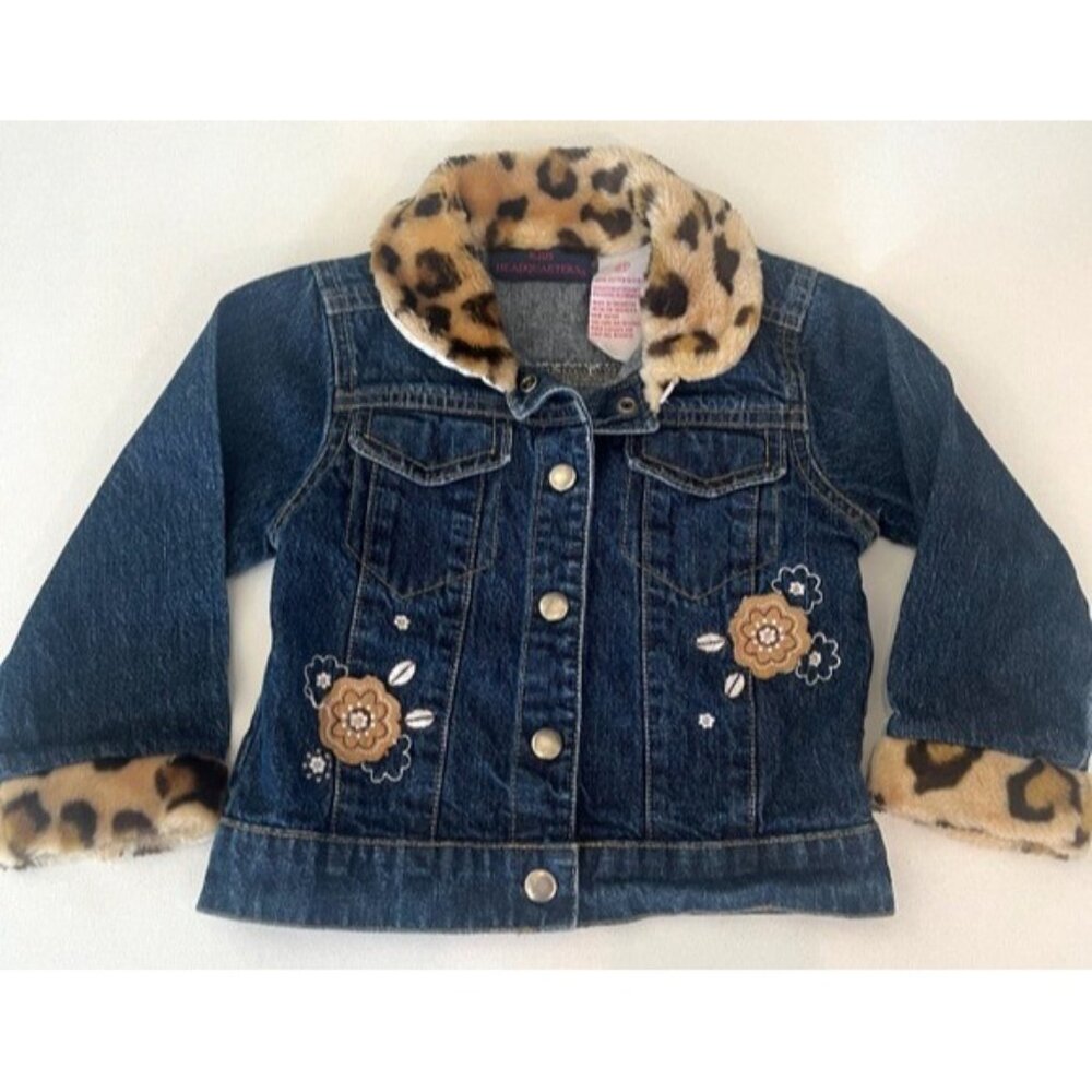 Kids Headquarters Blue Denim Faux Fur Collar & Sleeves Snap Jacket Coat Size 2T